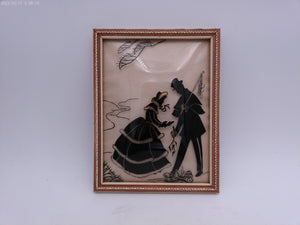 Glass Convex Silhouette  Framed Picture Romantic Couple Mountain Scene Vintage B12