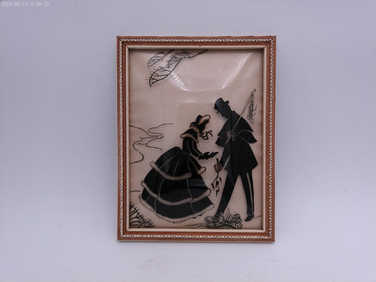 Glass Convex Silhouette  Framed Picture Romantic Couple Mountain Scene Vintage B12