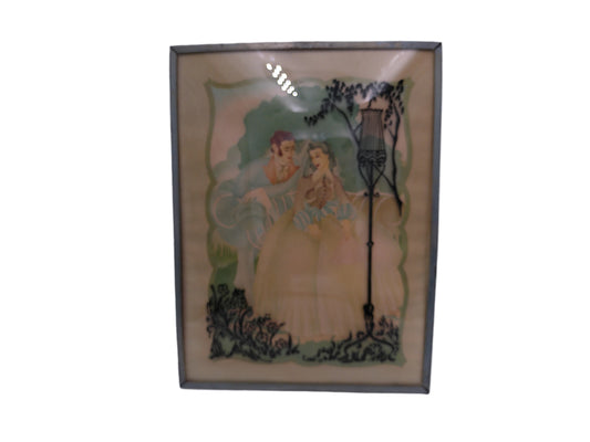 Glass Convex Silhouette  Framed Picture Romantic Couple Holding Hands Vintage B13