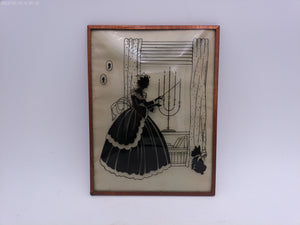 Glass Convex Silhouette  Framed Picture Lady lighting Candle Vintage B14