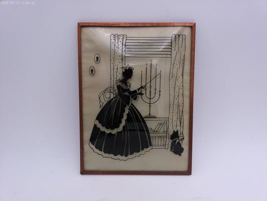 Glass Convex Silhouette  Framed Picture Lady lighting Candle Vintage B14