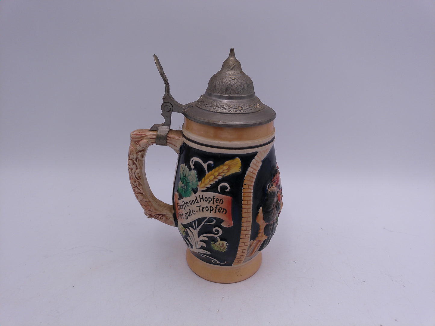 Beer Stein Made In Germany Pewter Lid with Monks and Adage