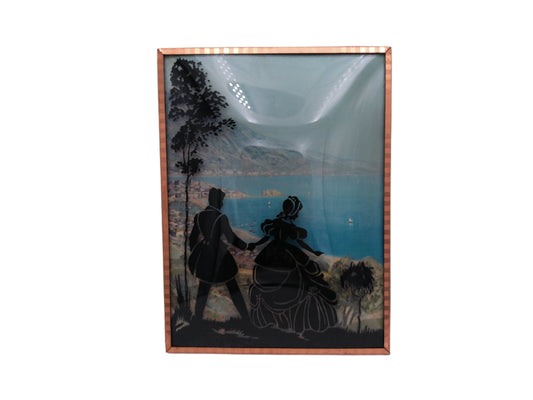 Glass Convex Silhouette  Framed Picture Couple over Looking Lake  Vintage B15