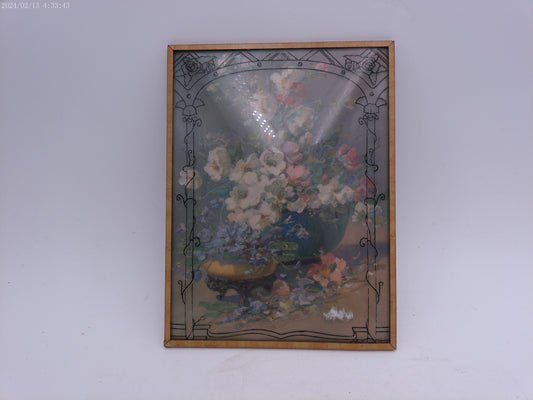Glass Convex Silhouette  Framed Picture Bowl of Flowers Vintage B16