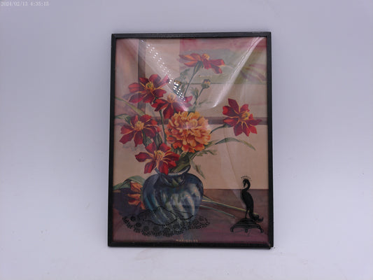 Glass Convex Silhouette  Framed Picture Vase of  Flowers and Bird Vintage B17
