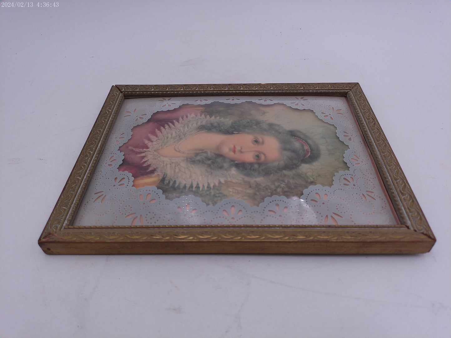 Glass Convex Silhouette Framed Picture Beautiful Lady  Vintage B18