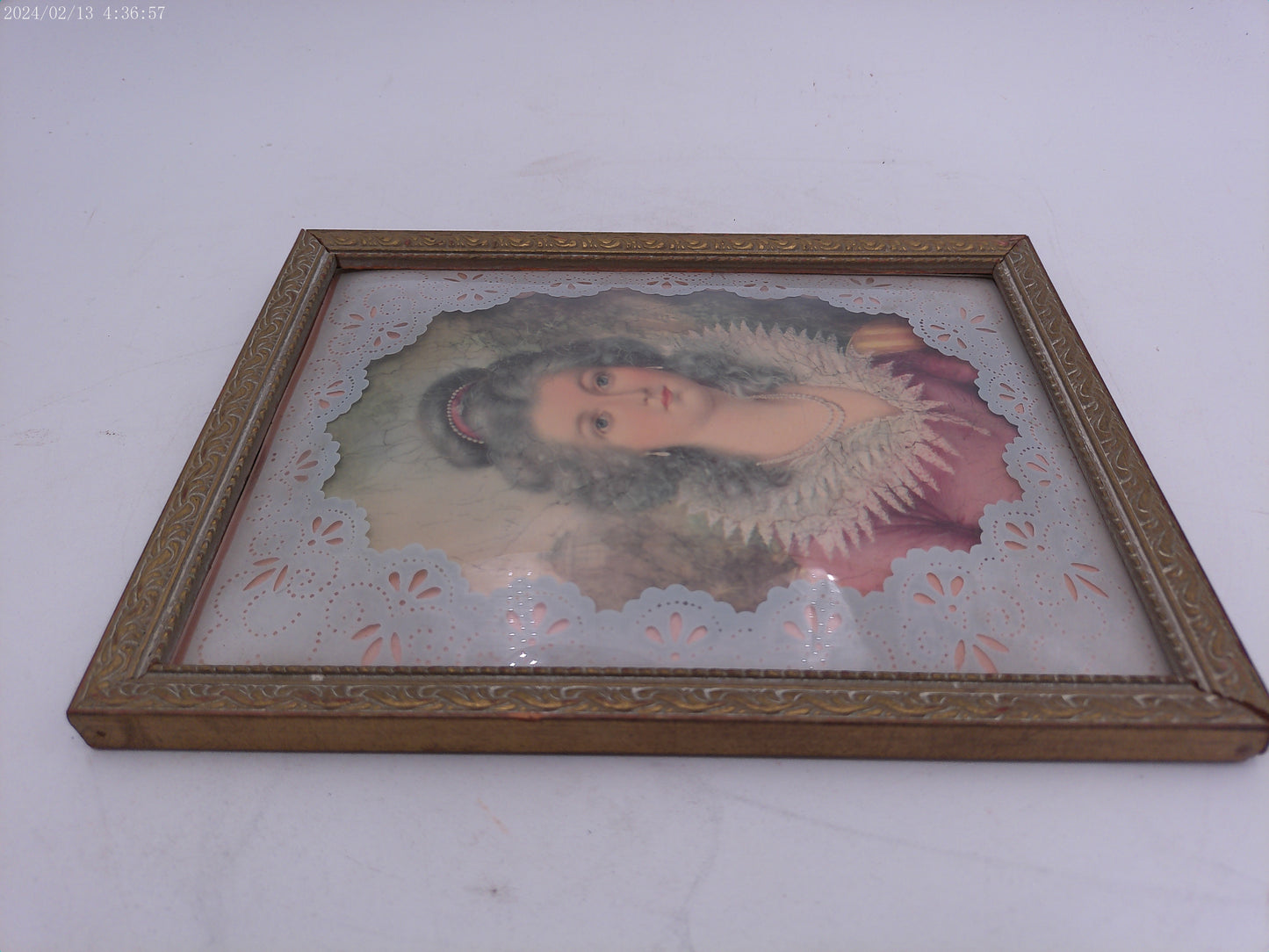 Glass Convex Silhouette Framed Picture Beautiful Lady  Vintage B18