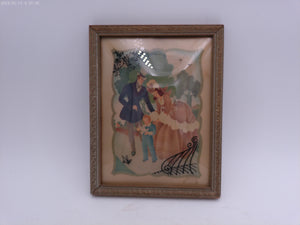 Glass Convex Silhouette Framed Picture  Couple with Child  wood Frame  B116