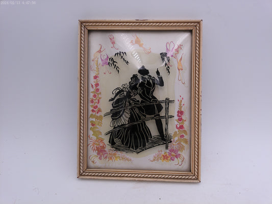 Glass Convex Silhouette Framed Picture  Couple on Bridge wood Frame  B117