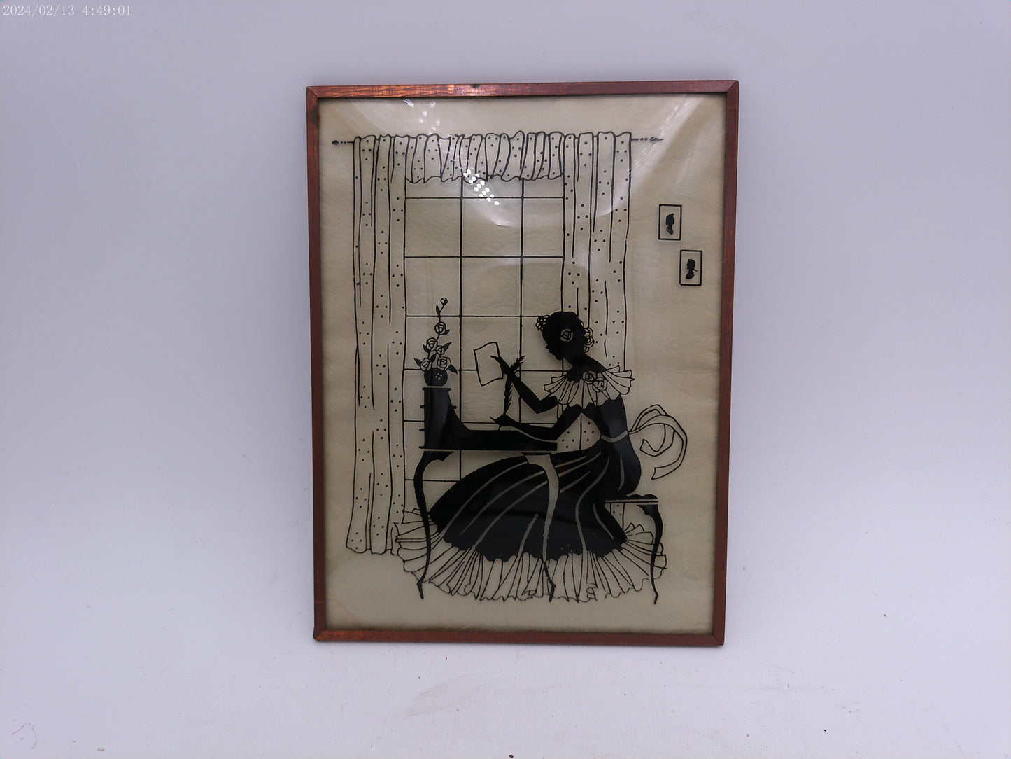 Glass Convex Silhouette Framed Picture Lady at Desk  metal  Frame  B118