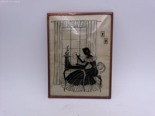 Glass Convex Silhouette Framed Picture Lady at Desk  metal  Frame  B118