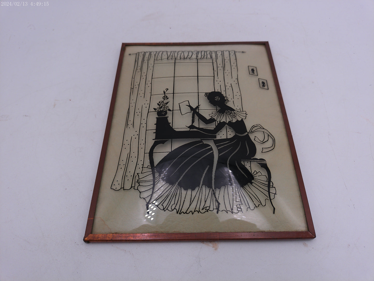 Glass Convex Silhouette Framed Picture Lady at Desk  metal  Frame  B118