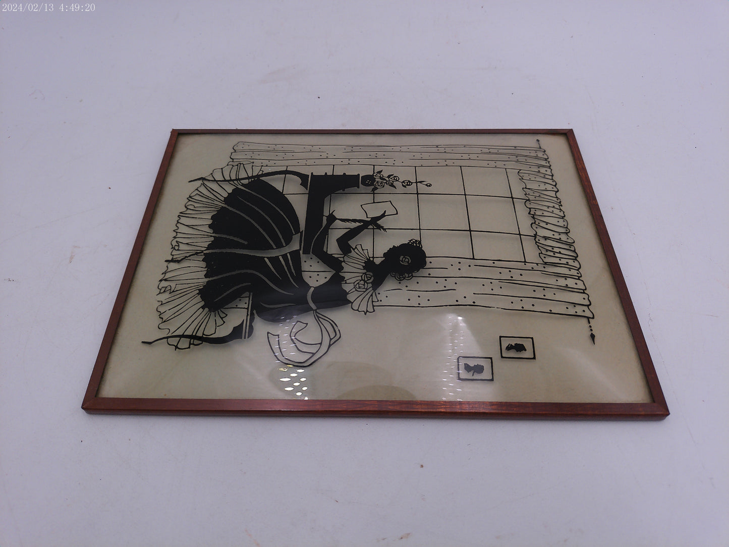 Glass Convex Silhouette Framed Picture Lady at Desk  metal  Frame  B118