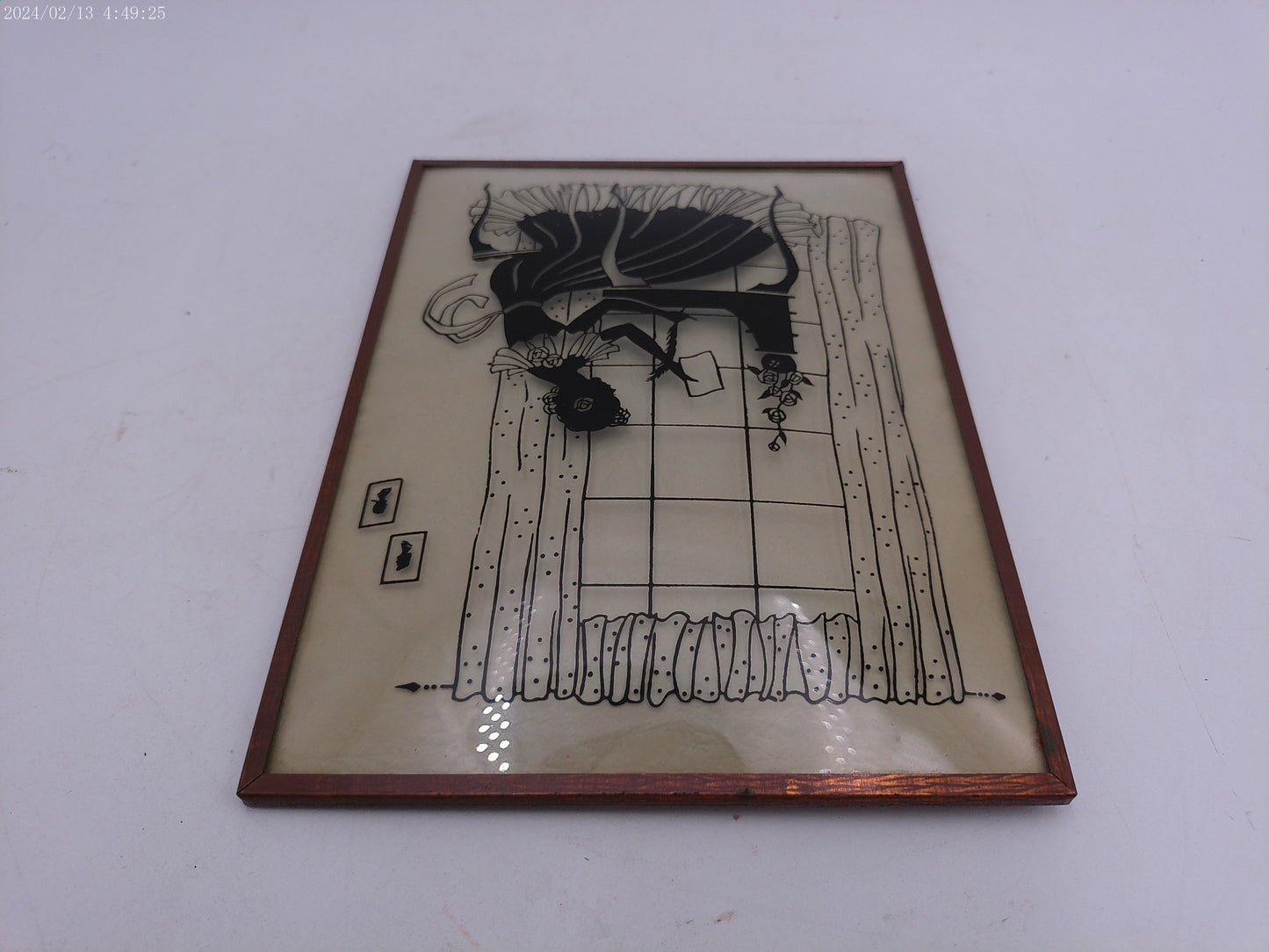 Glass Convex Silhouette Framed Picture Lady at Desk  metal  Frame  B118