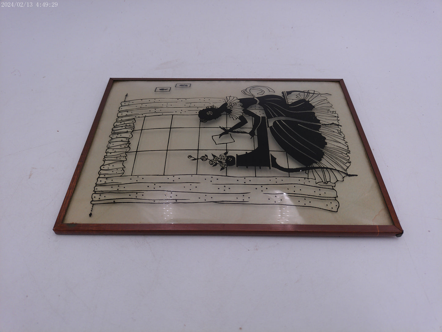 Glass Convex Silhouette Framed Picture Lady at Desk  metal  Frame  B118