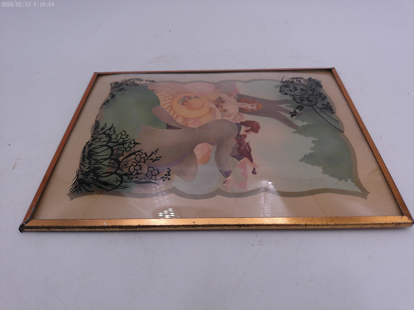 Glass Convex Silhouette Framed Picture Couple With Violin  Metal  Frame  B121