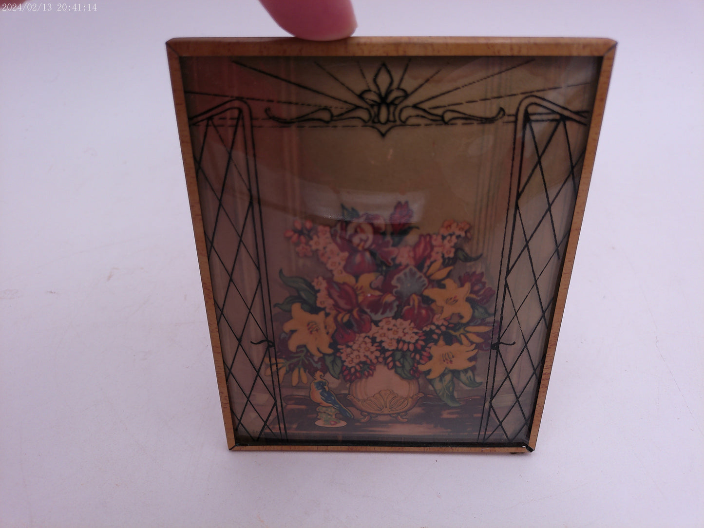 Glass Convex Silhouette Framed Picture Colorful Flowers behind  gate opening B23