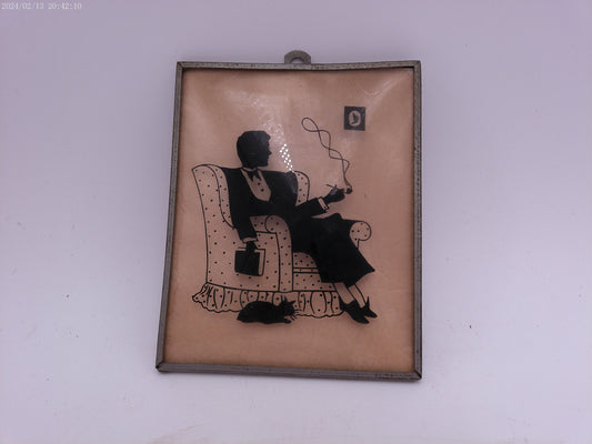 Glass Convex Silhouette Framed Picture Lady with Cat Smoking B24