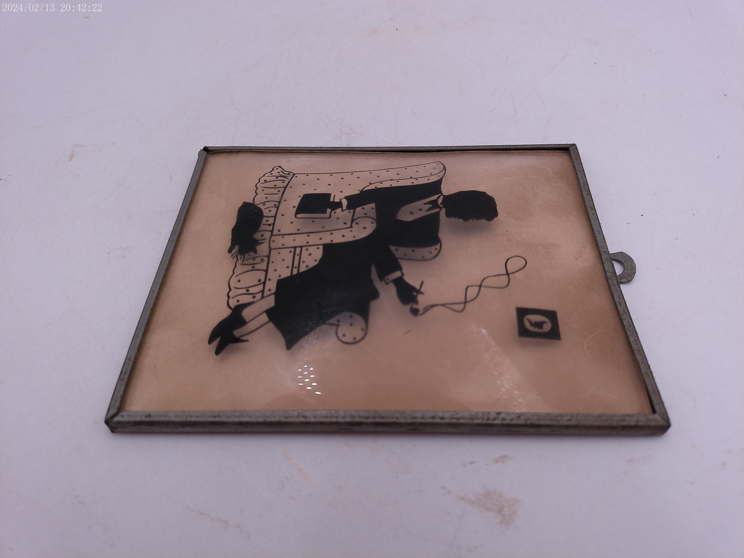 Glass Convex Silhouette Framed Picture Lady with Cat Smoking B24