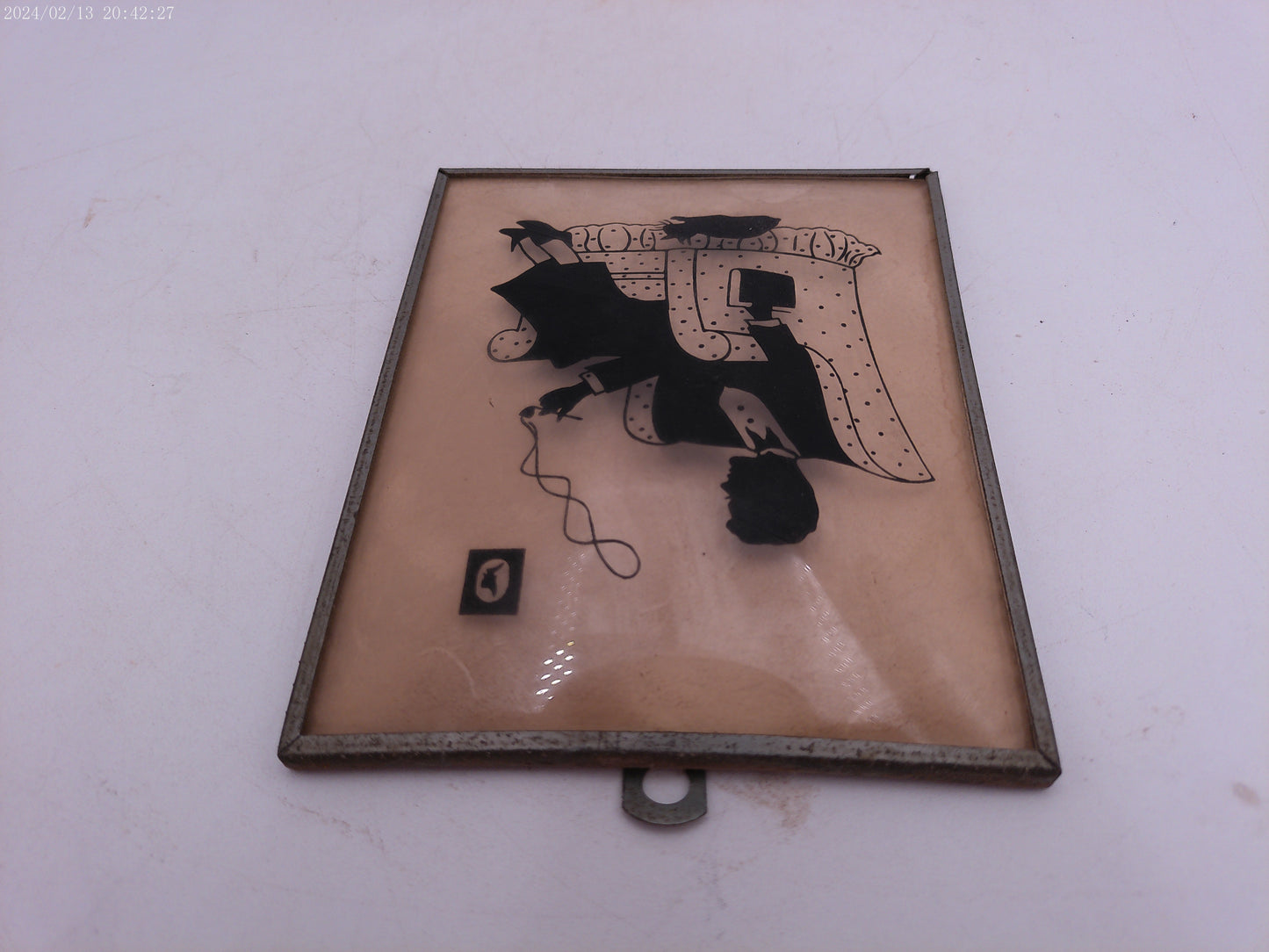 Glass Convex Silhouette Framed Picture Lady with Cat Smoking B24