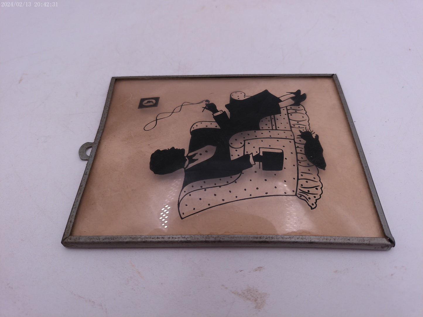 Glass Convex Silhouette Framed Picture Lady with Cat Smoking B24