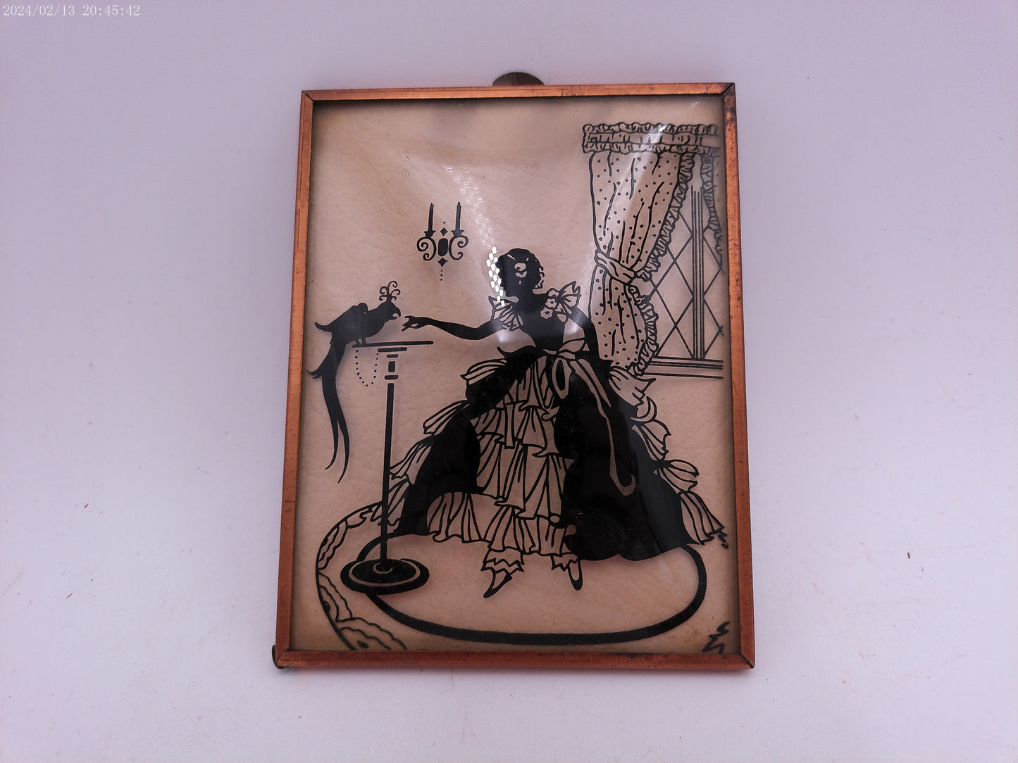 Glass Convex Silhouette Framed Picture Lady Feeding Bird   B27