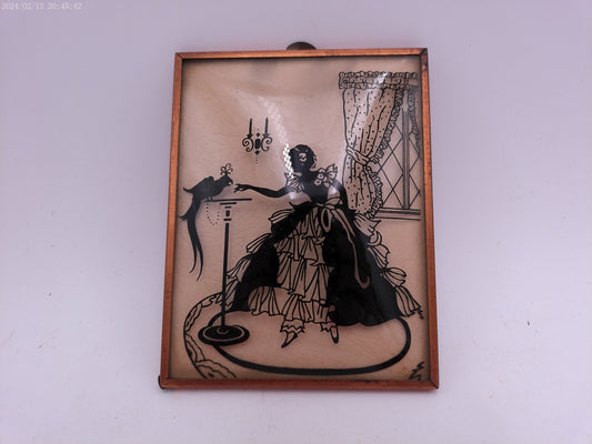Glass Convex Silhouette Framed Picture Lady Feeding Bird   B27