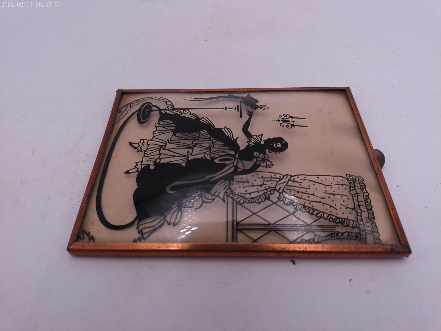Glass Convex Silhouette Framed Picture Lady Feeding Bird   B27