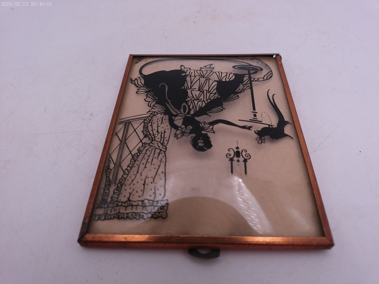 Glass Convex Silhouette Framed Picture Lady Feeding Bird   B27