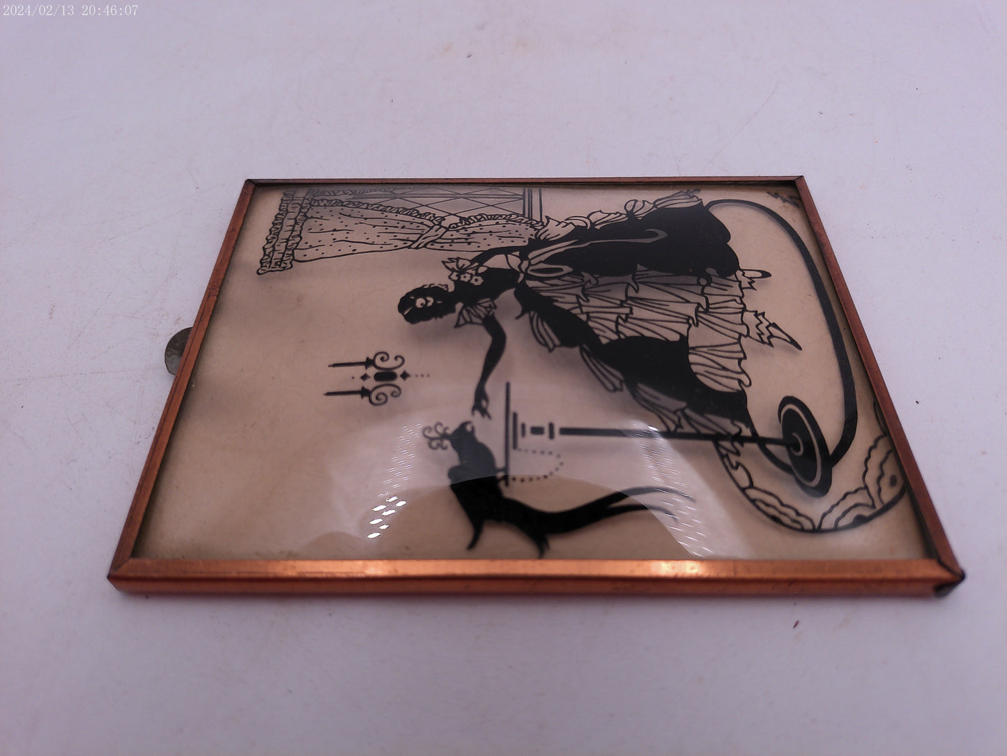 Glass Convex Silhouette Framed Picture Lady Feeding Bird   B27