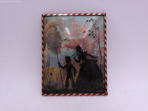 Glass Convex Silhouette Framed Picture Mother Child with Rake    B28