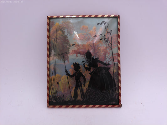 Glass Convex Silhouette Framed Picture Mother Child with Rake    B28