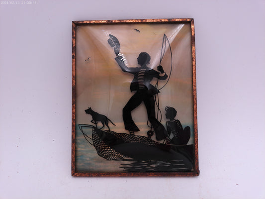 Glass Convex Silhouette Framed Picture  Couple on Boat B219