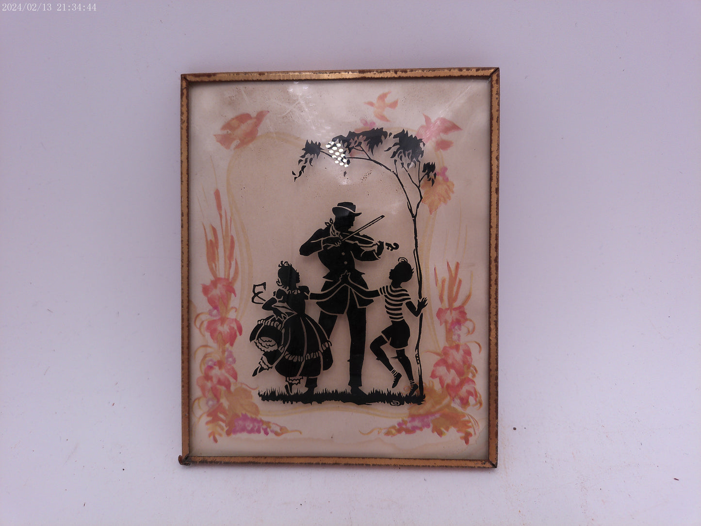 Glass Convex Silhouette Framed Picture Children Dancing  B222