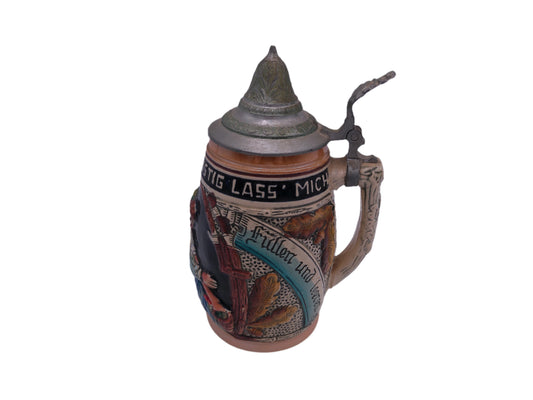 Beer Stein King , "Lustig Fass Mich Lustig Lass Mich", 1/4L German pewter Lid