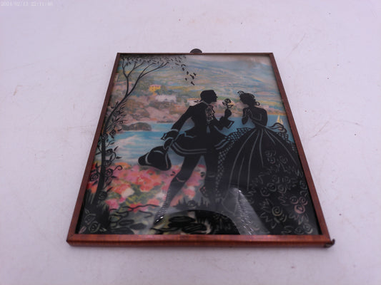 Glass Convex Silhouette Framed Picture Couple With a Flower  B310