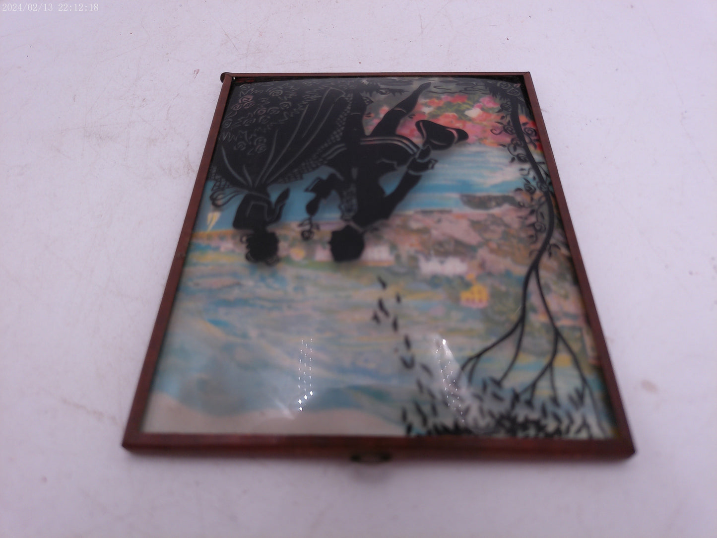 Glass Convex Silhouette Framed Picture Couple With a Flower  B310