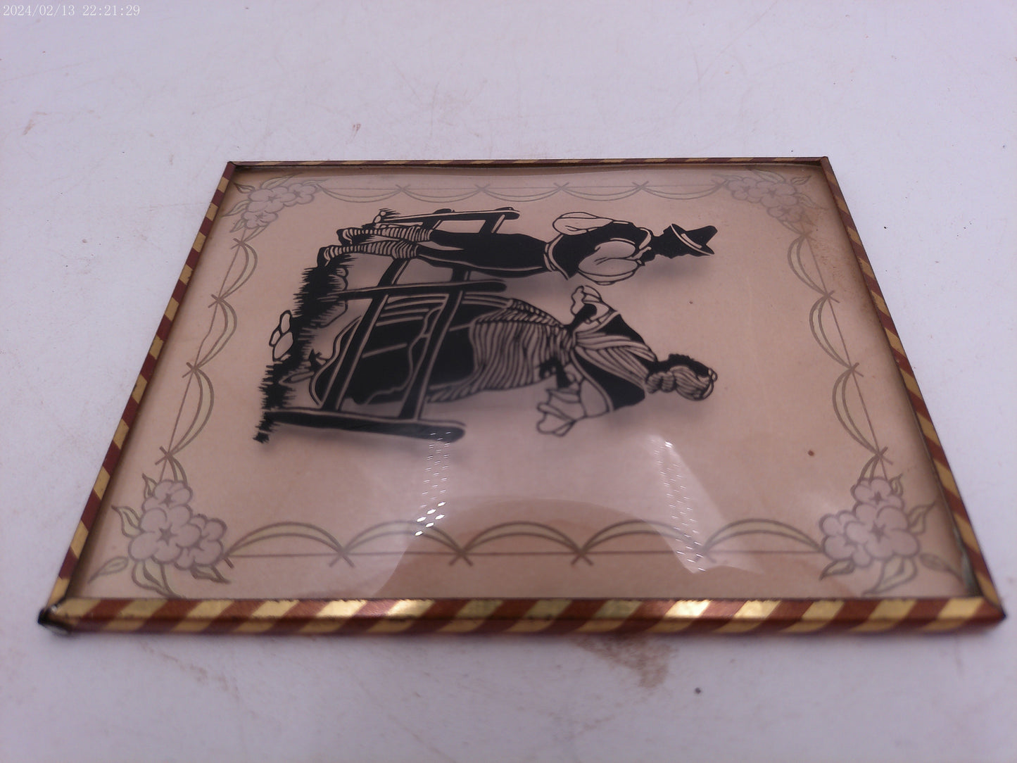Glass Convex Silhouette Framed Picture Couple Talking by Fence B318