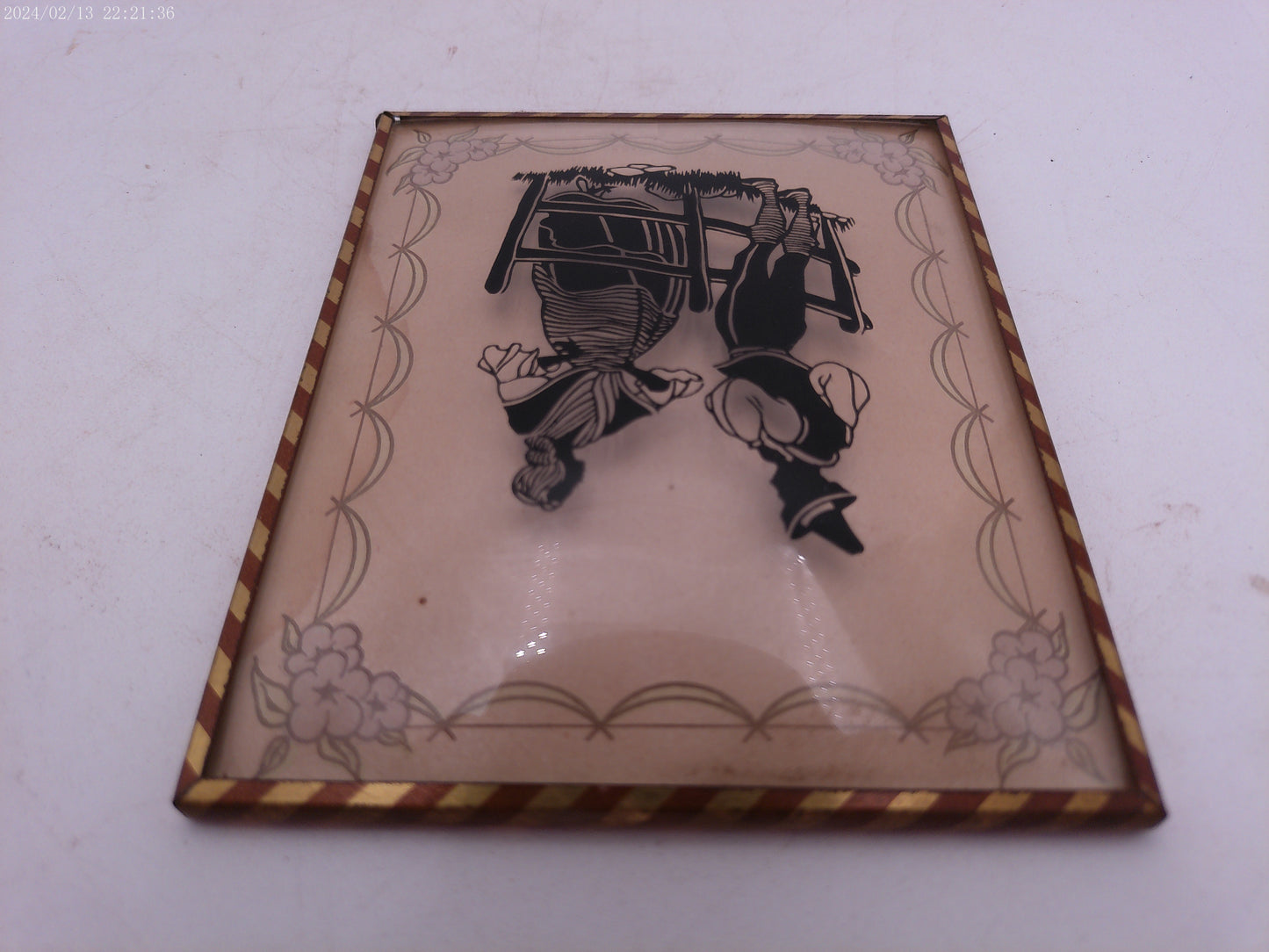Glass Convex Silhouette Framed Picture Couple Talking by Fence B318