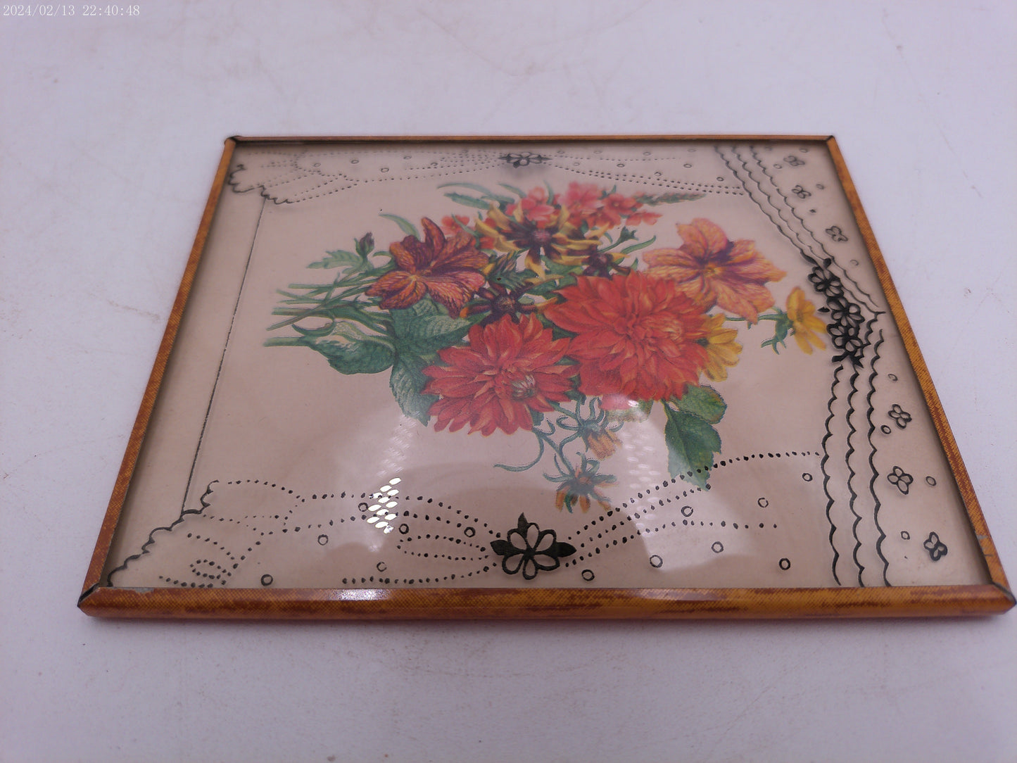 Glass Convex Silhouette Framed Picture Flowers in Window B43