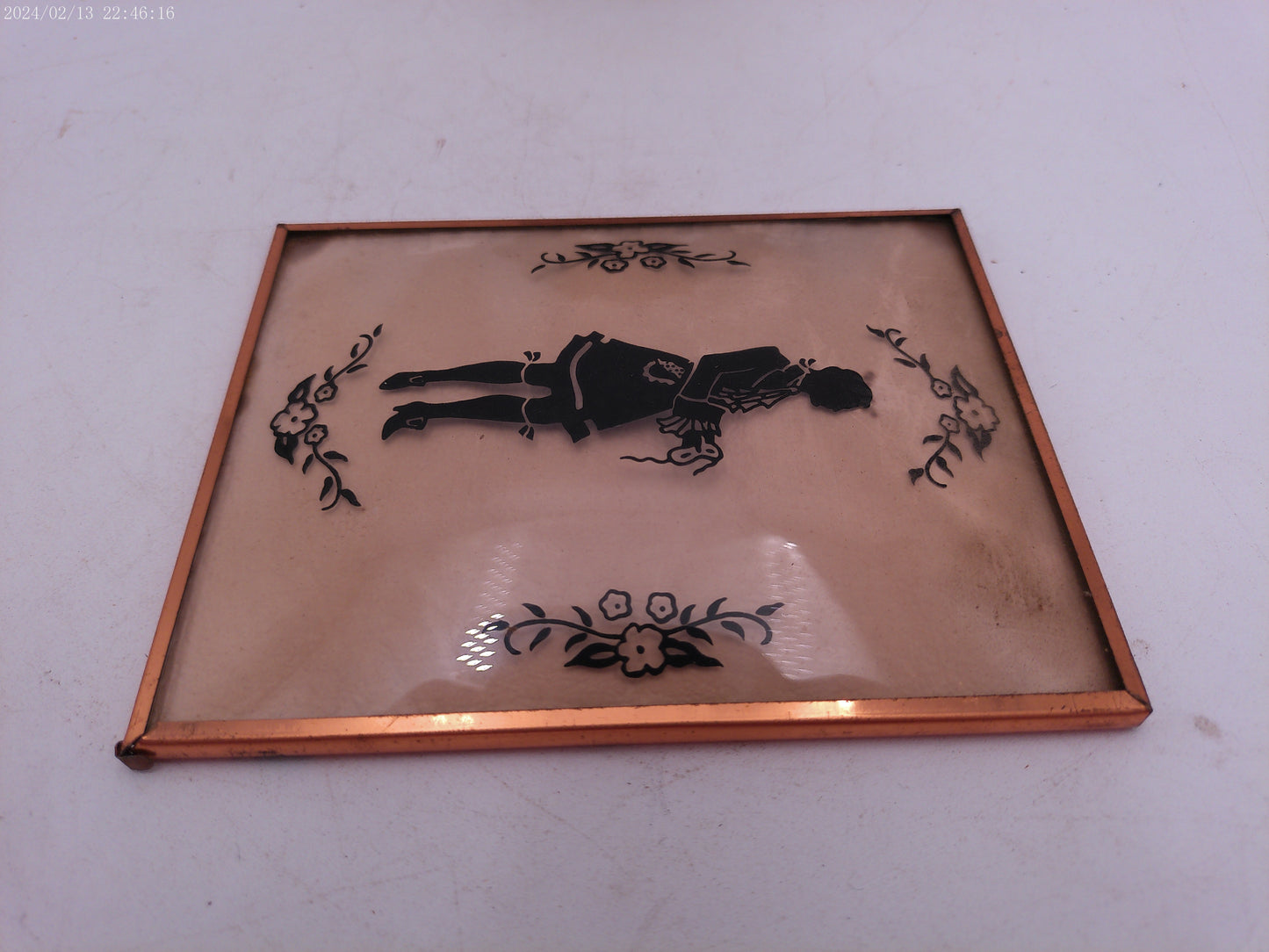 Glass Convex Silhouette Framed Picture Young Man Waiting for a Dance B45