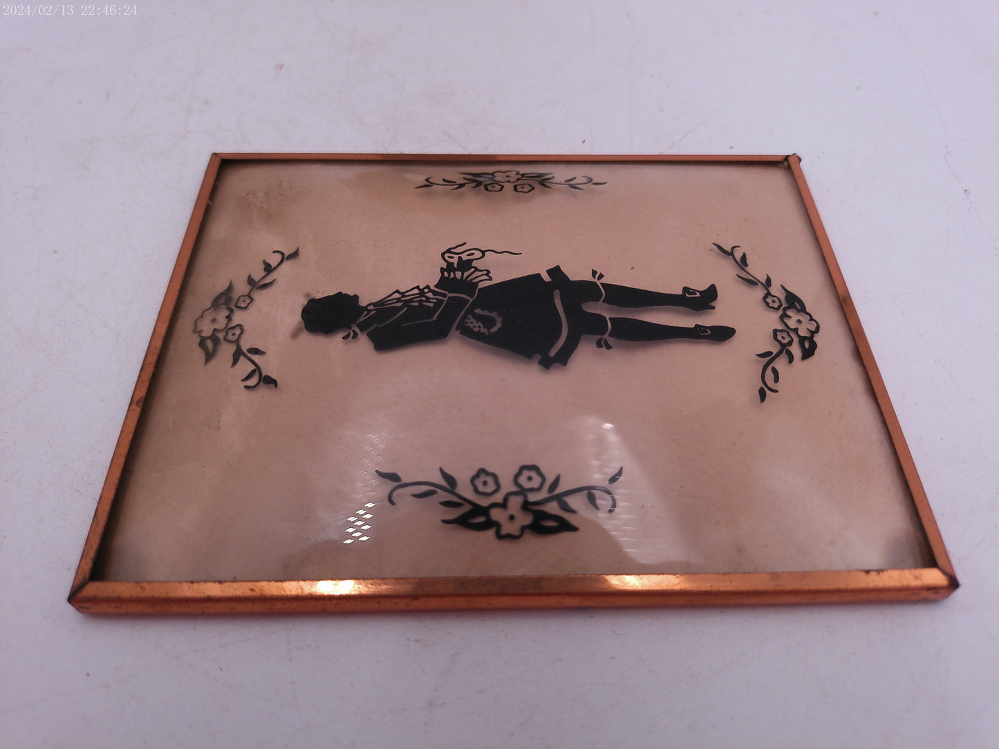 Glass Convex Silhouette Framed Picture Young Man Waiting for a Dance B45