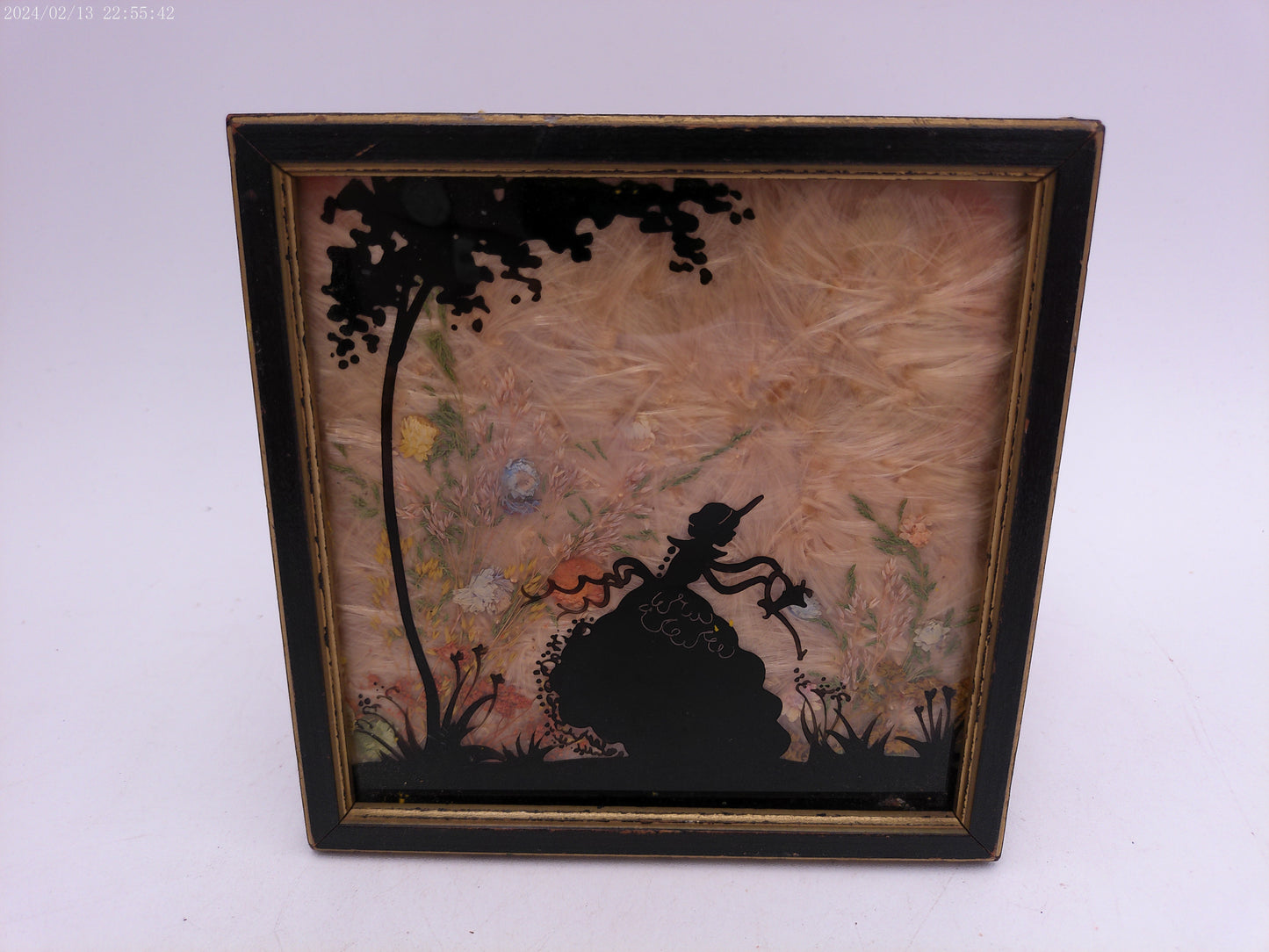 Glass Convex Silhouette Framed Picture  Young Girl Watering Plants  B411