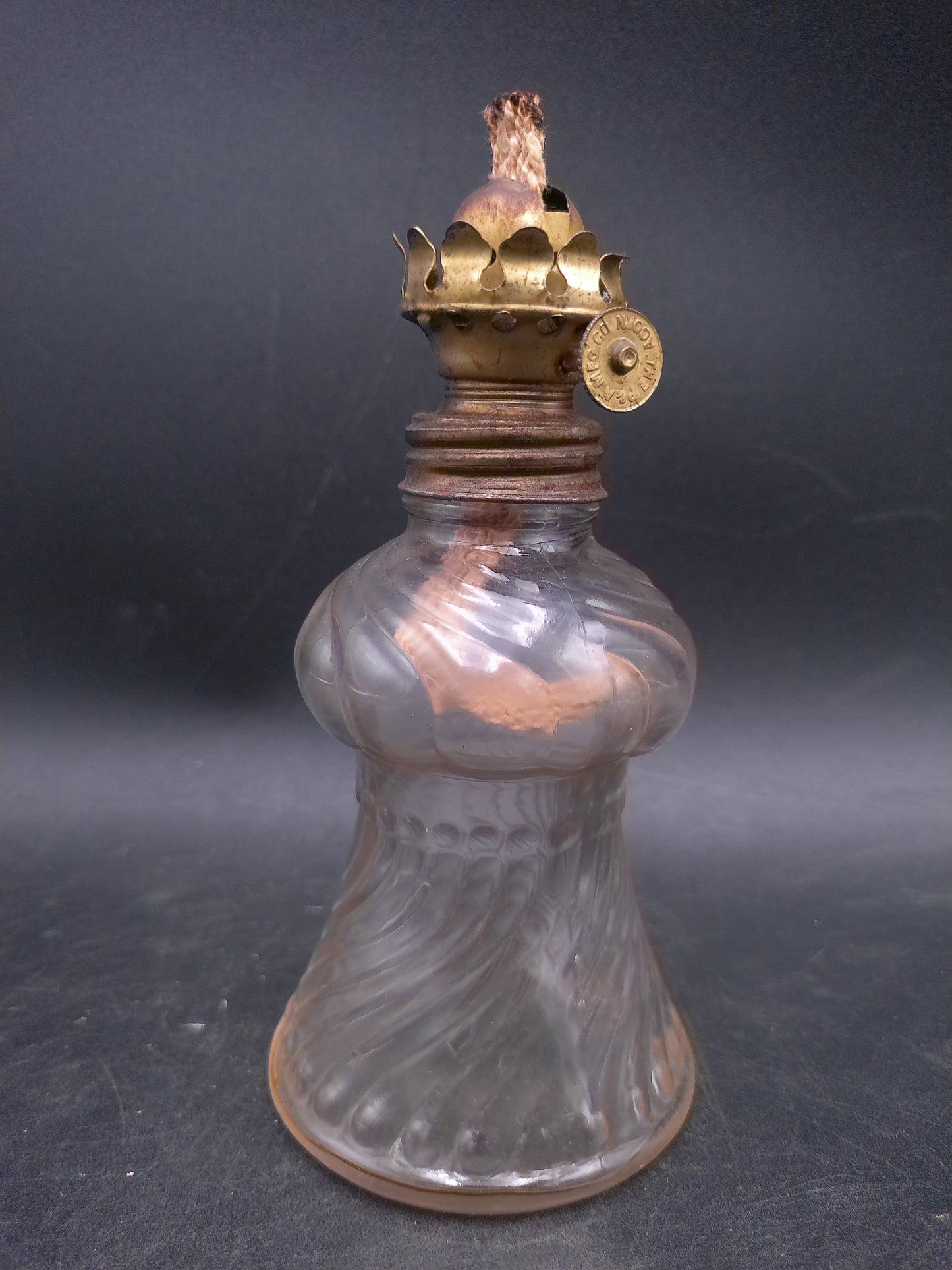 Glass Swirl Oil Lamp Base with Wick and Brass Fitting