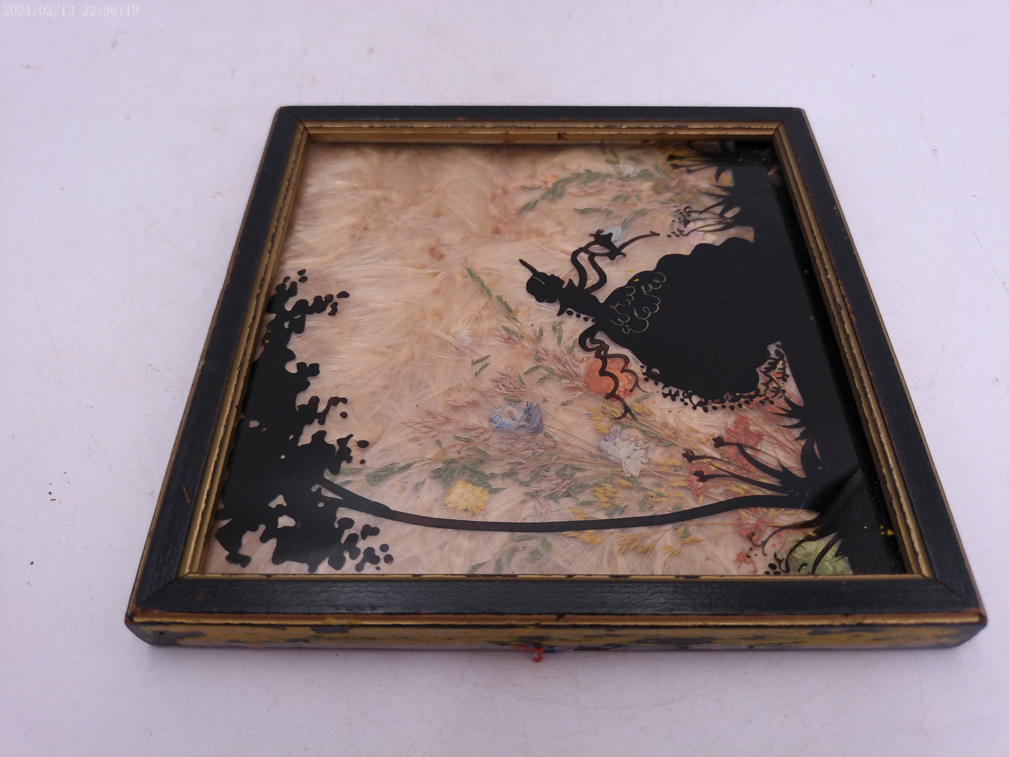 Glass Convex Silhouette Framed Picture  Young Girl Watering Plants  B411