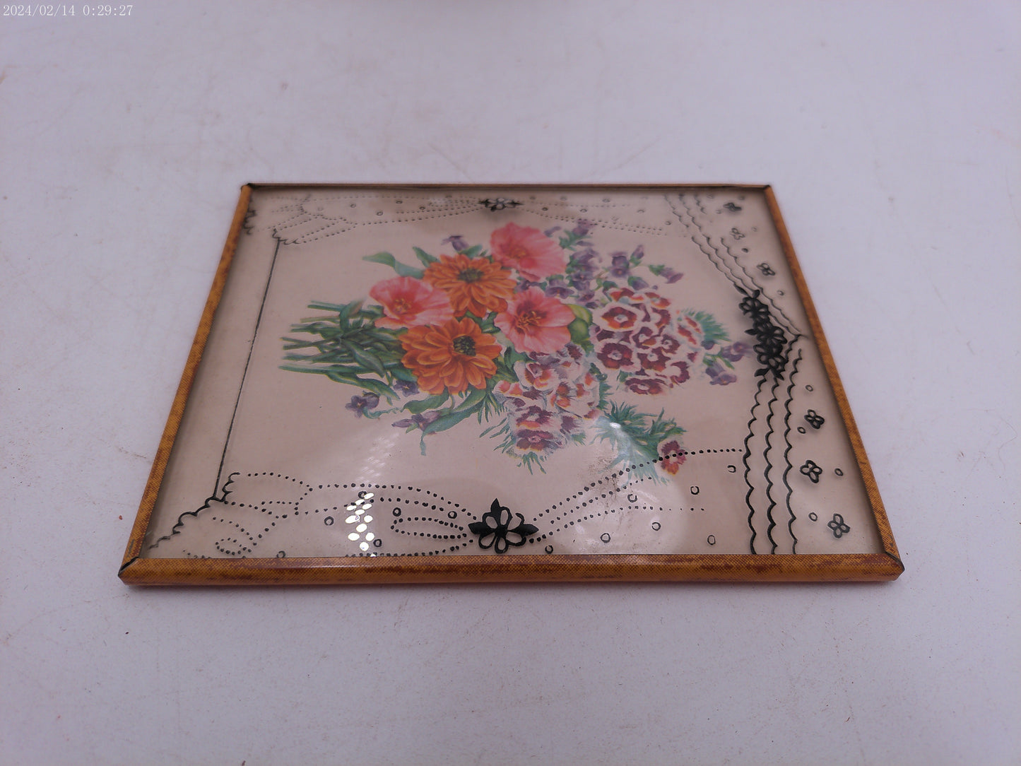 Glass Convex Silhouette Framed Picture Flowers in Window Frame  B413