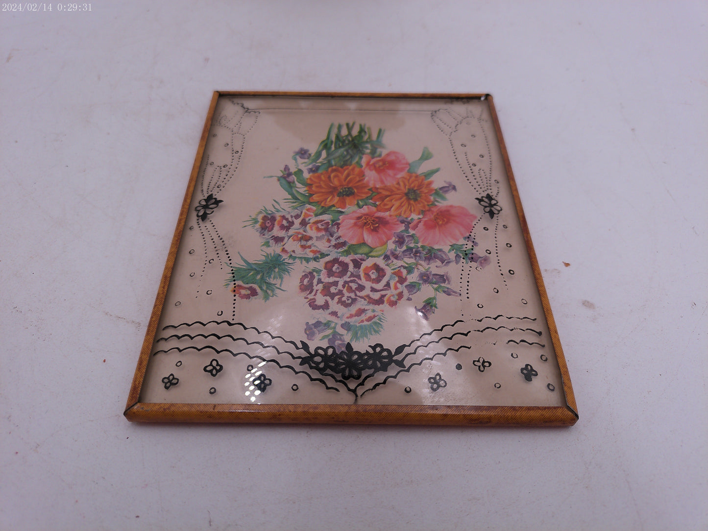 Glass Convex Silhouette Framed Picture Flowers in Window Frame  B413