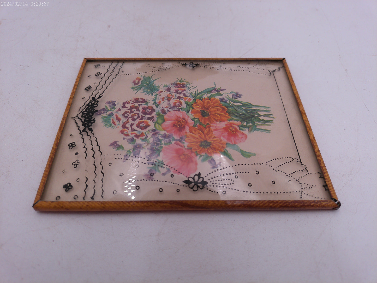 Glass Convex Silhouette Framed Picture Flowers in Window Frame  B413
