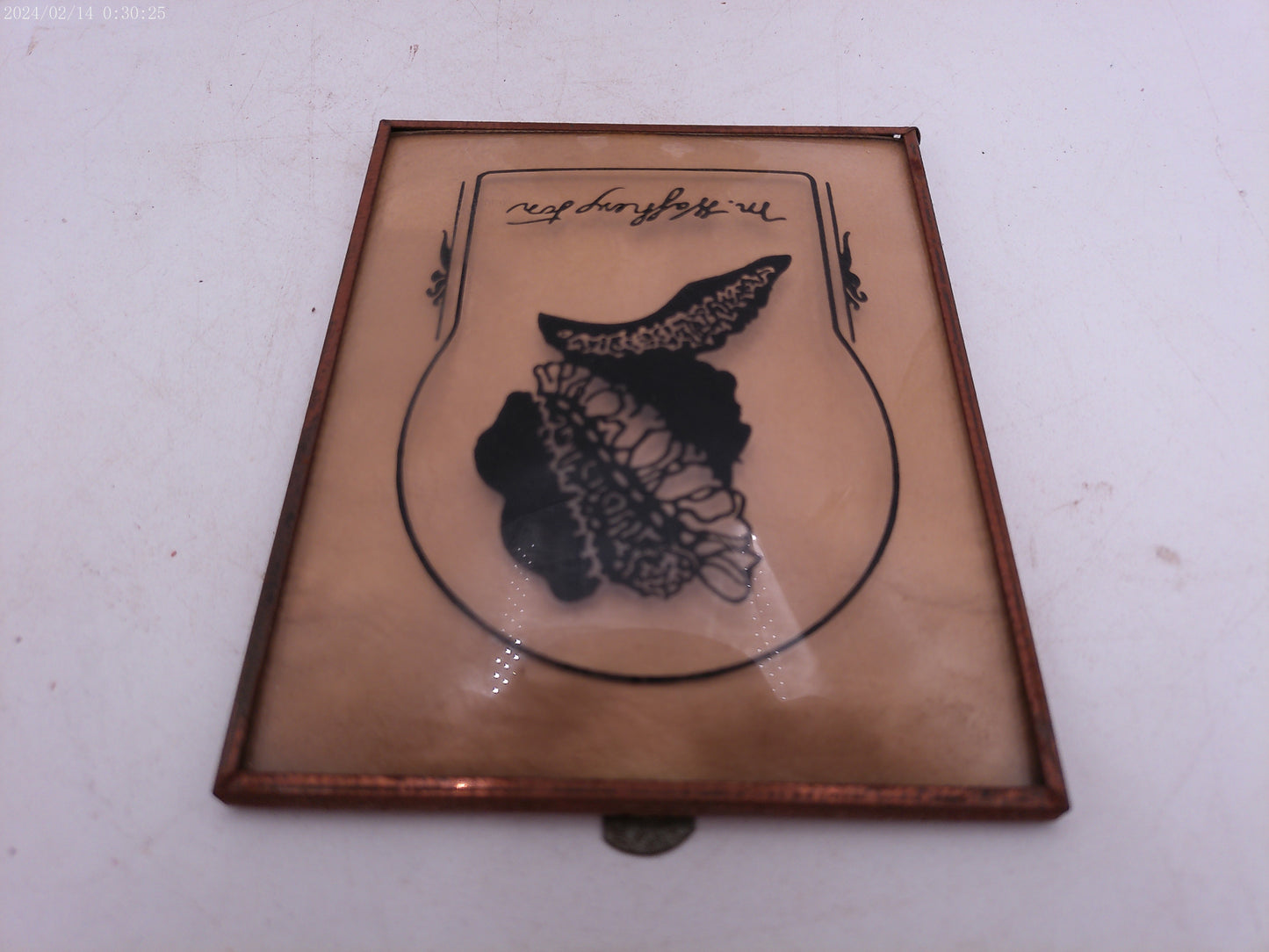 Glass Convex Silhouette Framed Picture Lady in Hat  B414