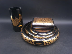 Asian Foo Dog Black Lacquered Bowls  set of 3 plus cup and decorativeThai Jewelry Box